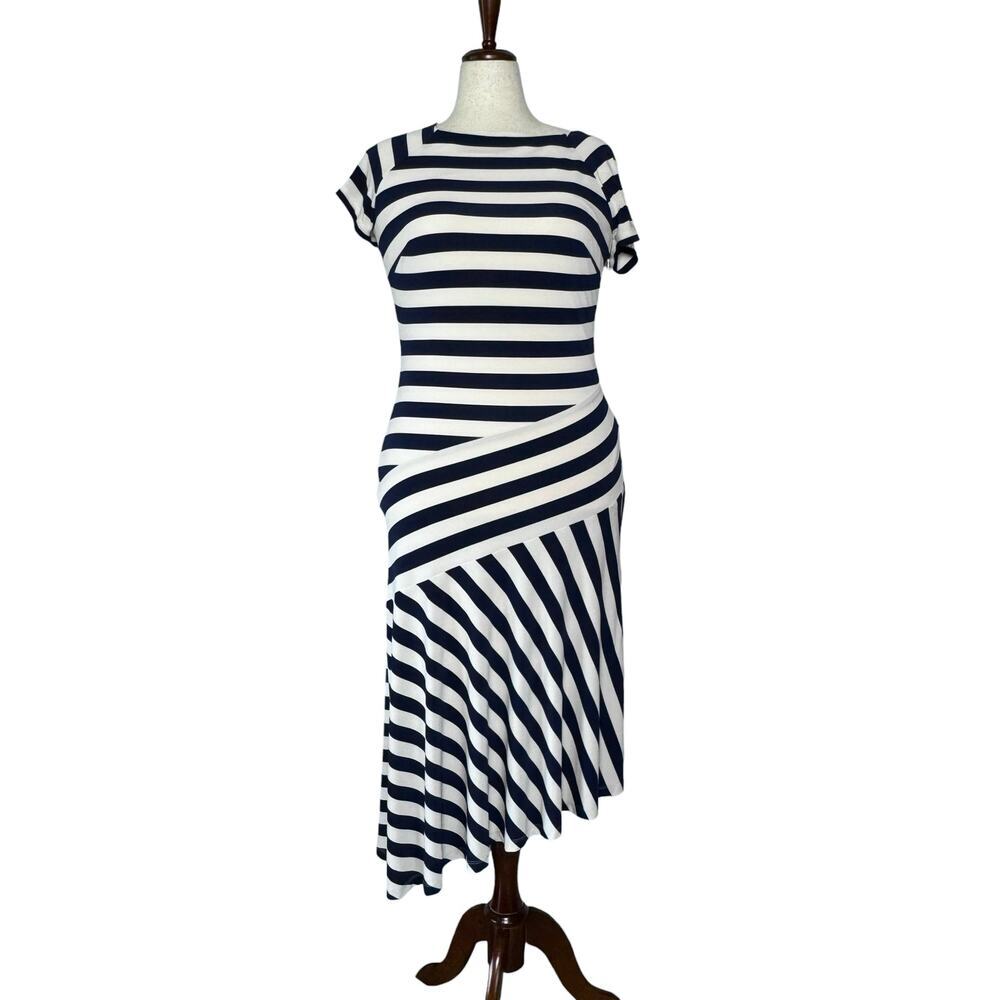 Ralph Lauren Navy White Striped Midi Dress Asymmetrical Hem Stretch Size 10